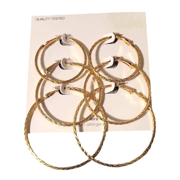Gold-Tone Textured Hoop Earring Set, 3-Piece - Picture 3 of 7